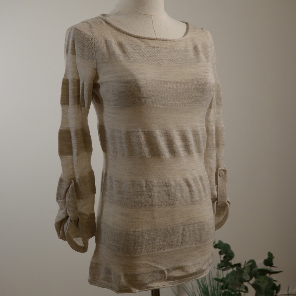 Ann Taylor LOFT Women Small Beige Striped Knit Sweater Roll Tab Knot Sleeve Top